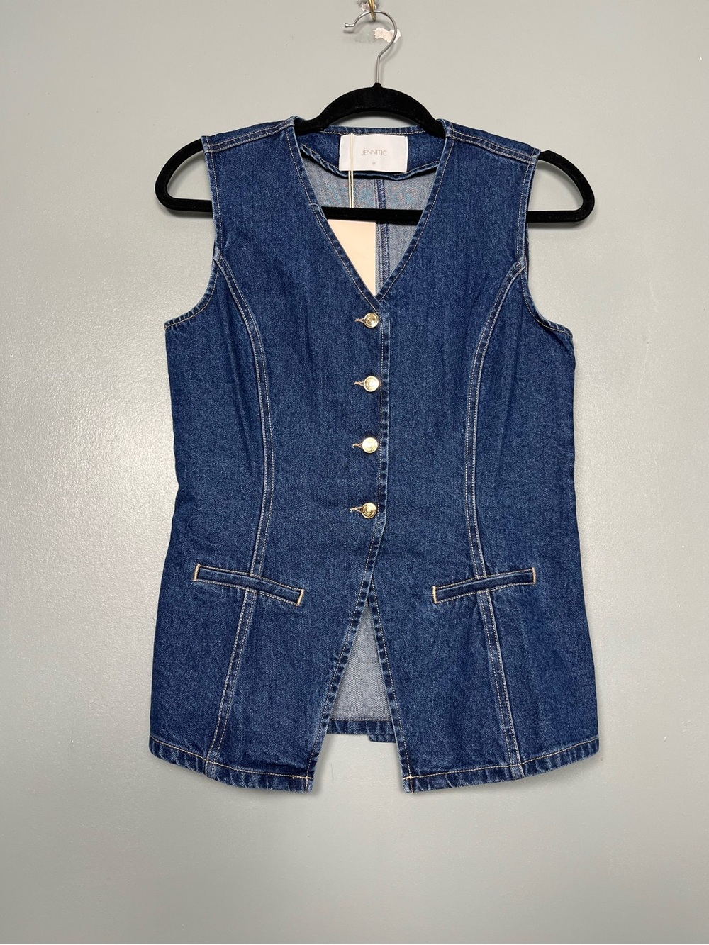 Jennitic Dark Blue Denim Sleeveless Button Front Top V Neck Vest Women’s Size M